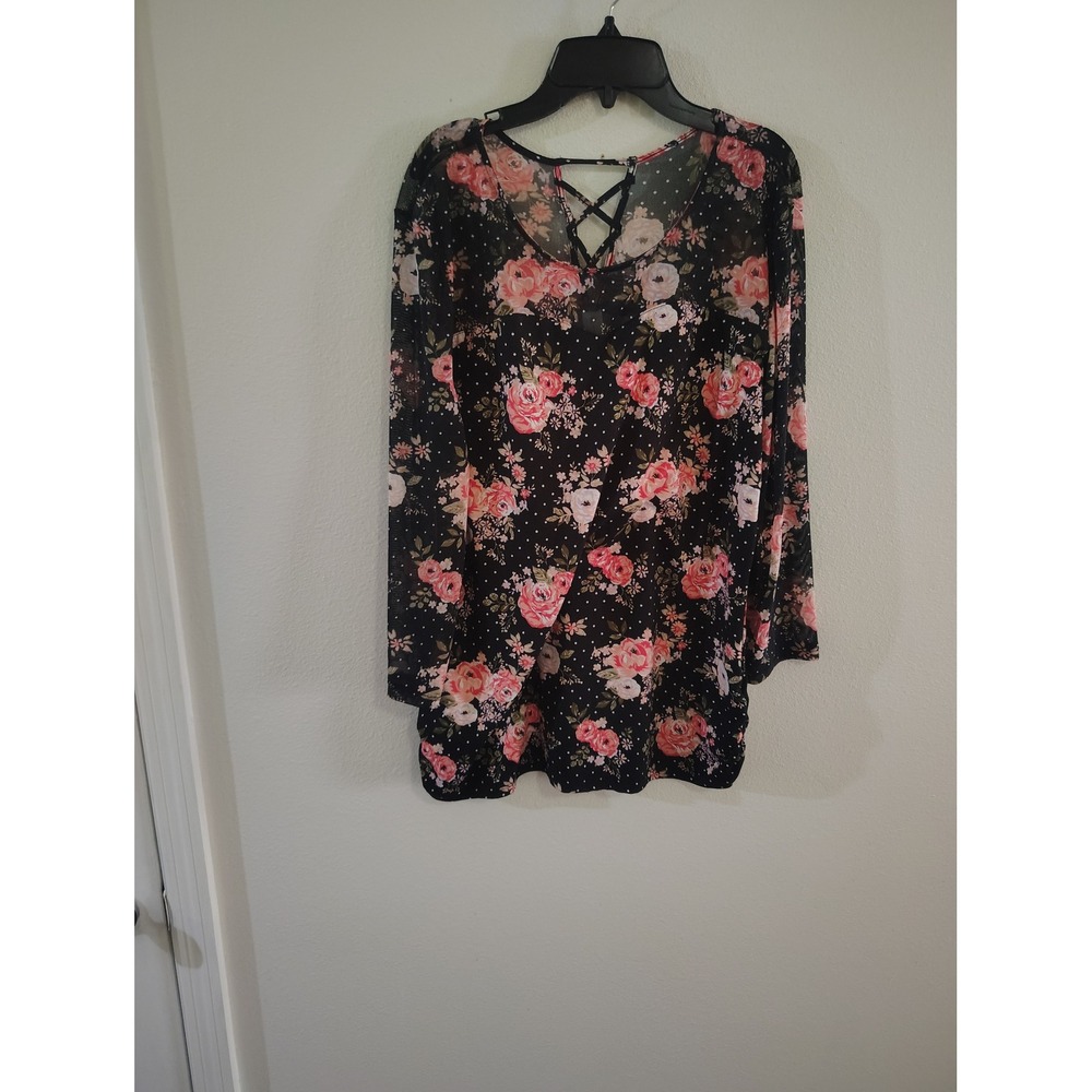 No Boundaries Floral Polka Dot Mesh Lattice Neck Top XXL 2XG New With Tags